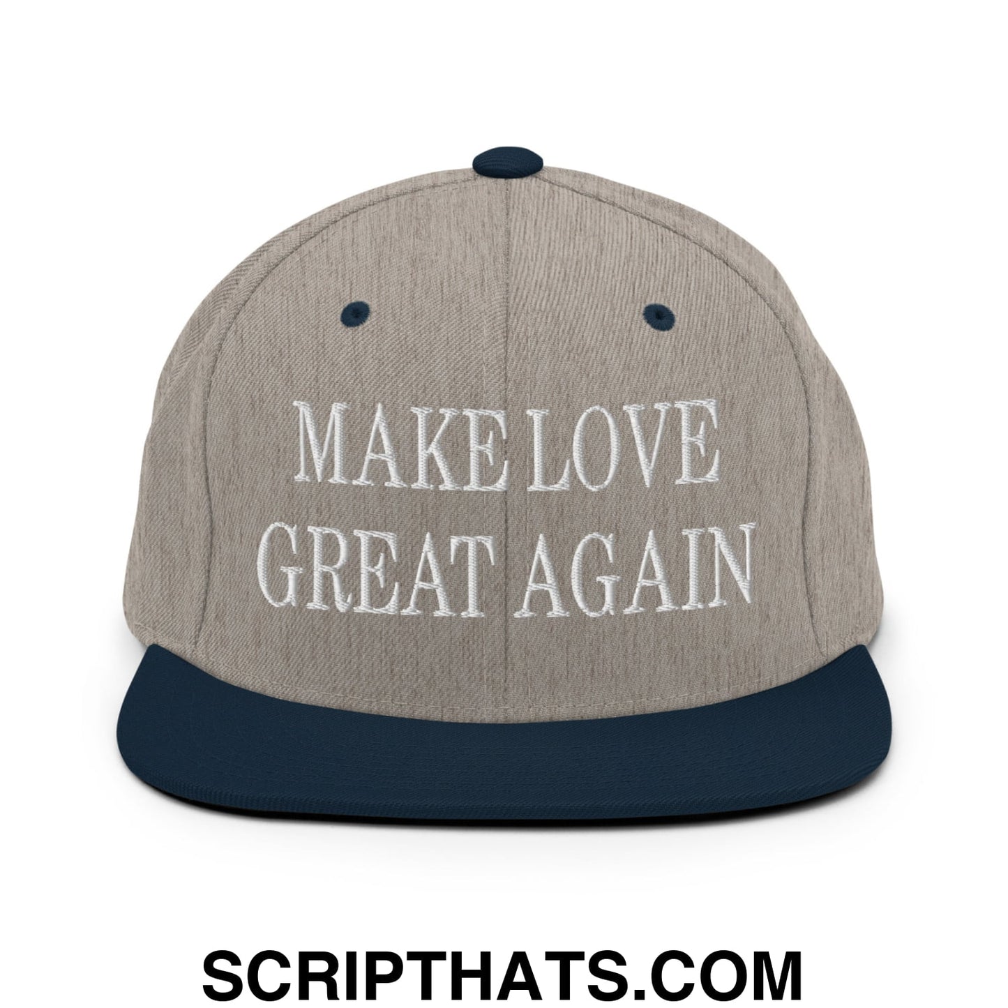 Make Love Great Again Embroidered Flat Bill Brim Snapback Hat Heather Grey Navy