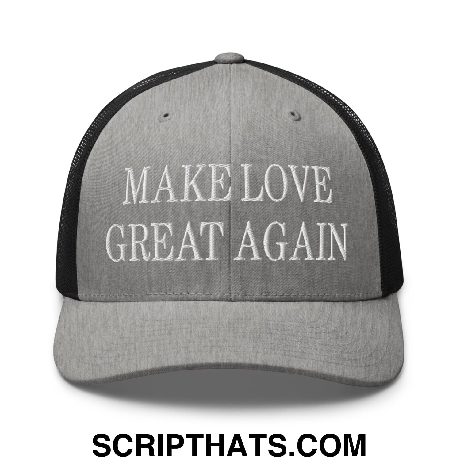 Make Love Great Again Embroidered Mesh Trucker Hat Heather Black