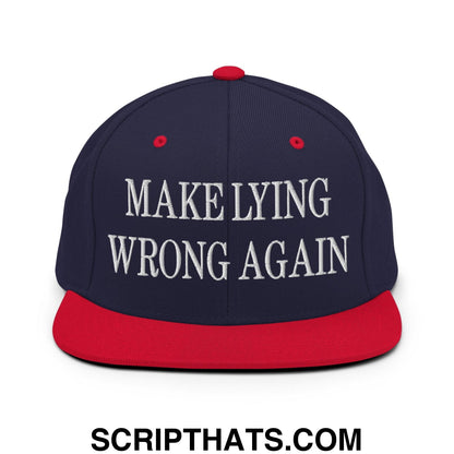 Make Lying Wrong Again Embroidered Flat Bill Brim Snapback Hat Navy Red