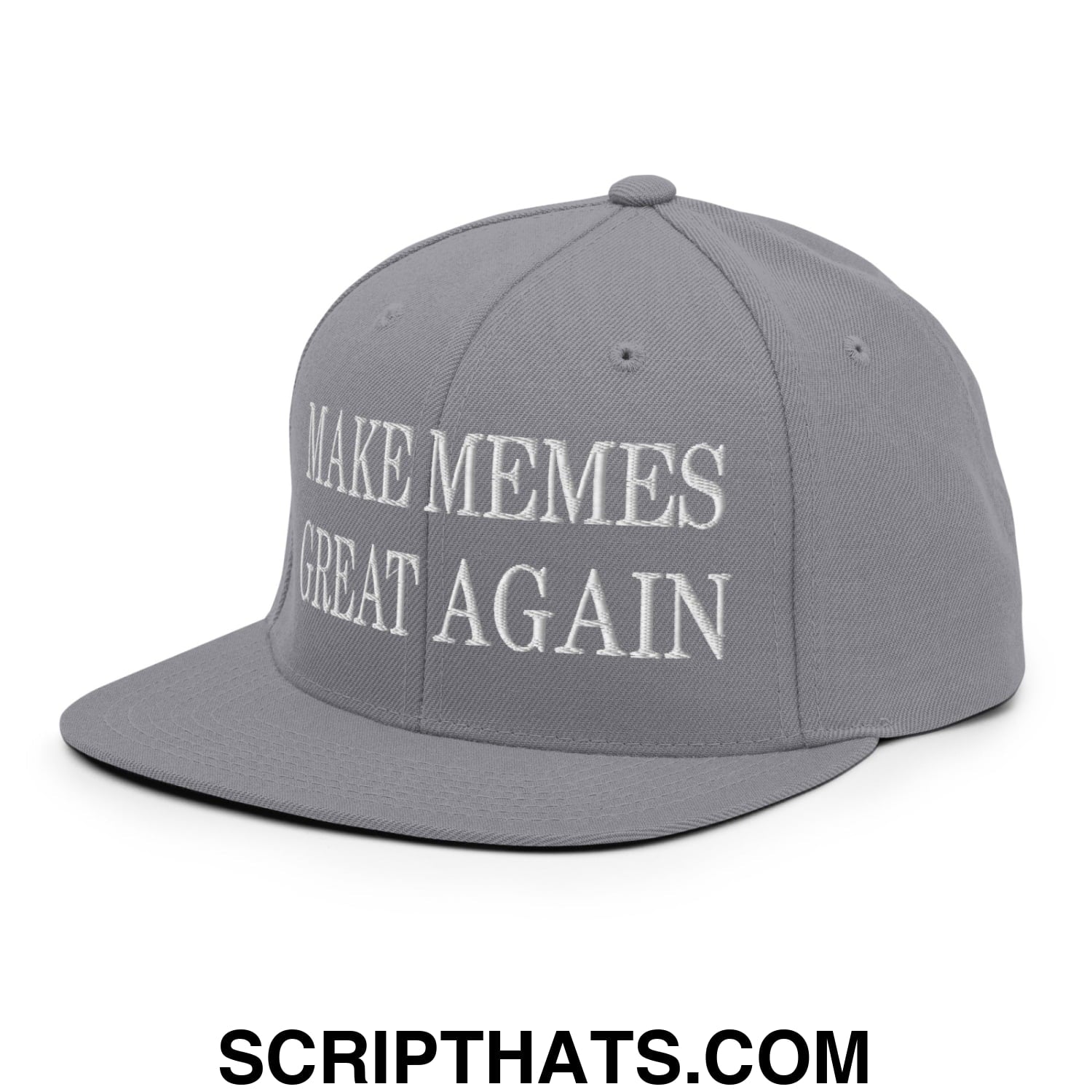 Gray snapback hat with white embroidered text saying make memes great again on the flat bill brim