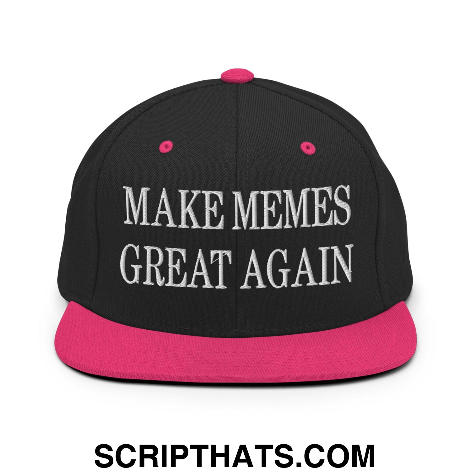 Black snapback hat with vibrant pink brim and button featuring white embroidered make memes great again text