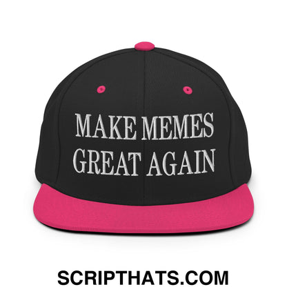 Black snapback hat with vibrant pink brim and button featuring white embroidered make memes great again text