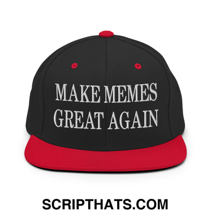 Black and red snapback cap with white embroidered text make memes great again flat bill brim design