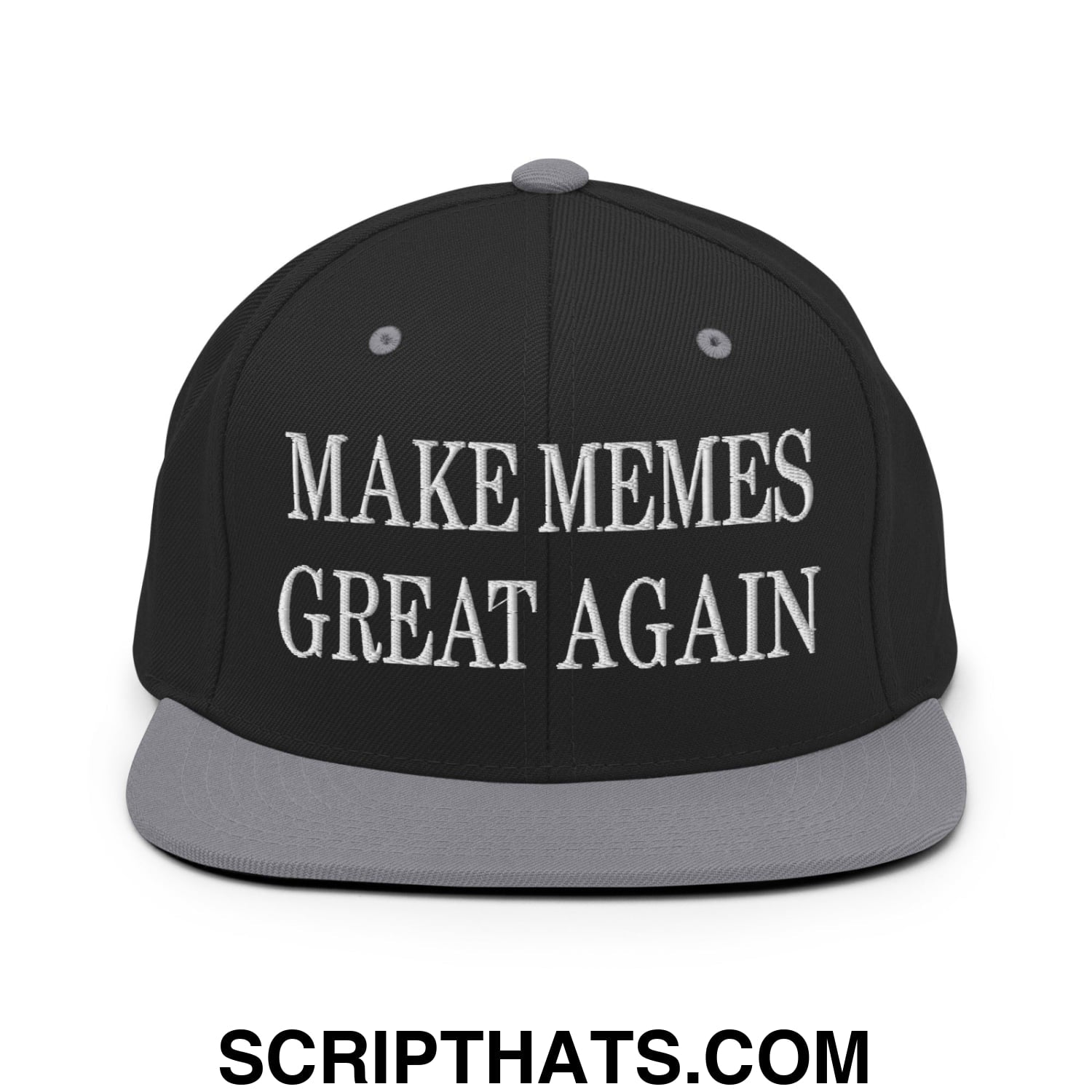 Black snapback cap with gray brim and white embroidered text make memes great again flat bill brim snapback hat