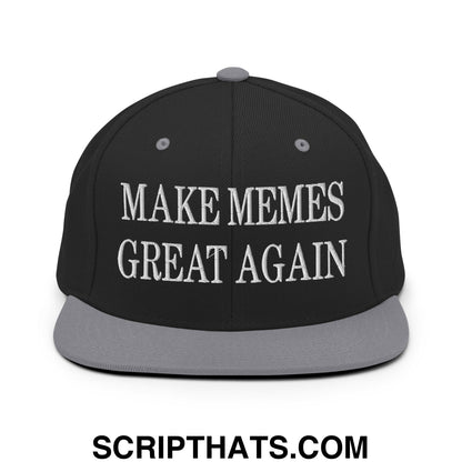 Black snapback cap with gray brim and white embroidered text make memes great again flat bill brim snapback hat