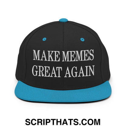 Black snapback hat with teal brim and button embroidered with make memes great again in white flat bill brim style