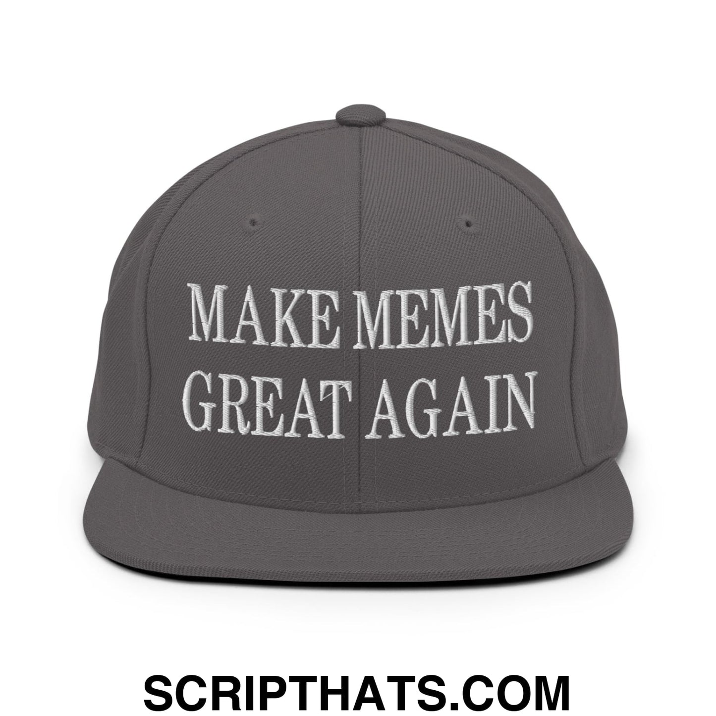 Gray embroidered flat bill brim snapback hat with white text make memes great again for casual wear