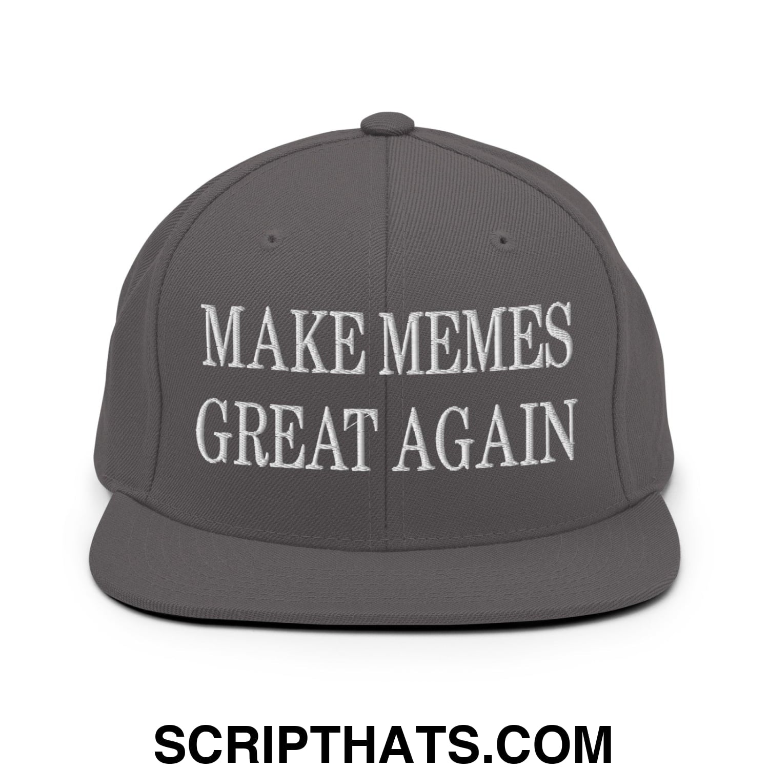 Gray embroidered flat bill brim snapback hat with white text make memes great again for casual wear