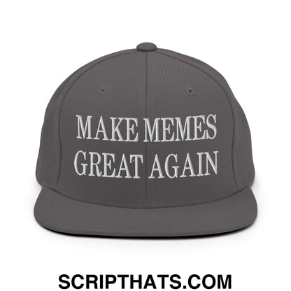 Gray embroidered flat bill brim snapback hat with white text make memes great again for casual wear