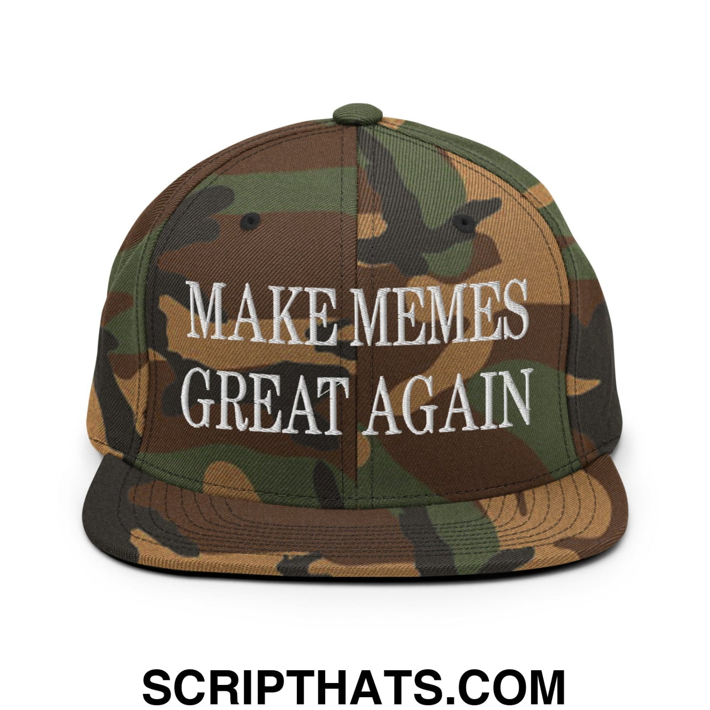 A camouflage snapback cap with a flat bill embroidered with white text reading make memes great again