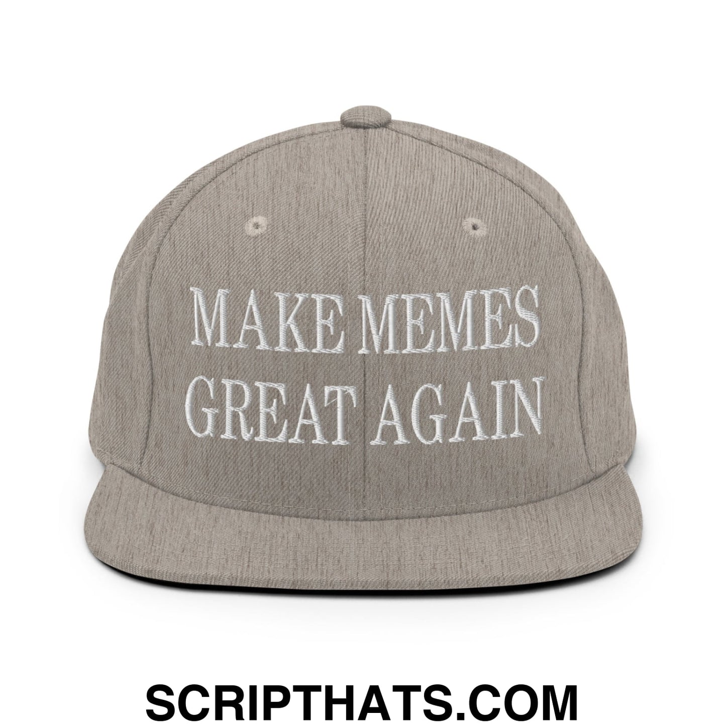 Gray make memes great again embroidered flat bill brim snapback hat with white text for casual wear