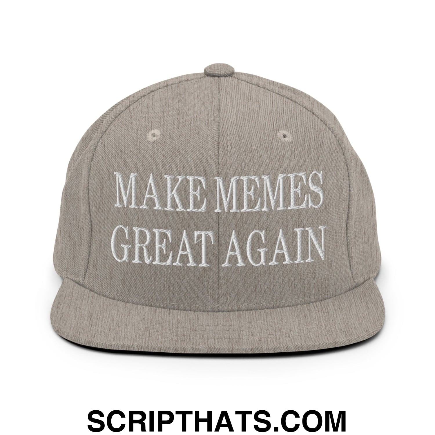 Gray make memes great again embroidered flat bill brim snapback hat with white text for casual wear