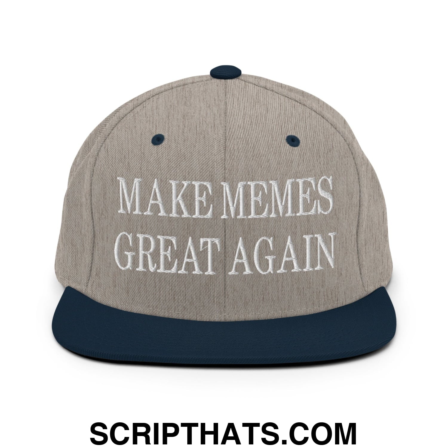 A gray and navy blue snapback hat with white embroidered make memes great again text and a flat bill brim