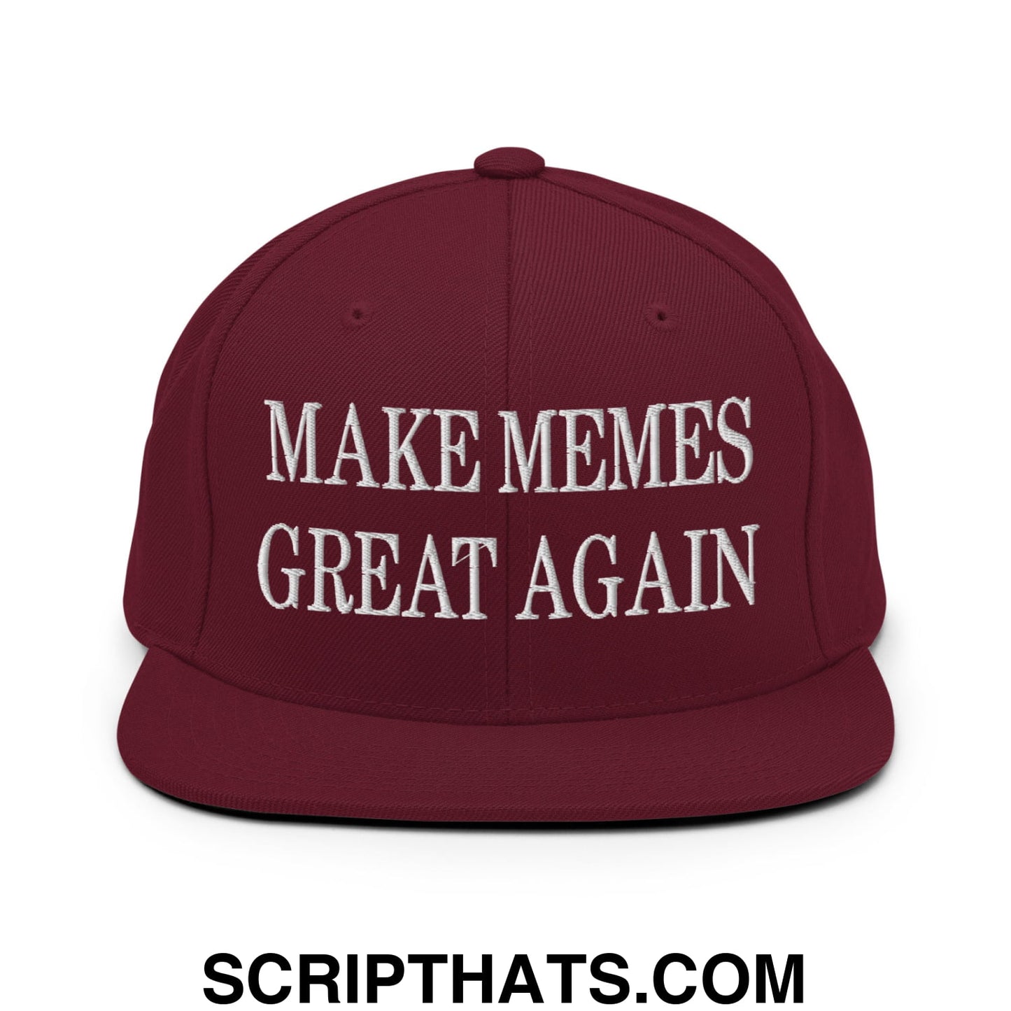 Maroon flat bill brim snapback hat with white embroidered text make memes great again for casual wear