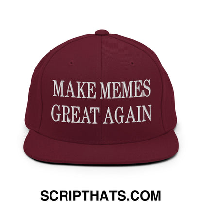 Maroon flat bill brim snapback hat with white embroidered text make memes great again for casual wear