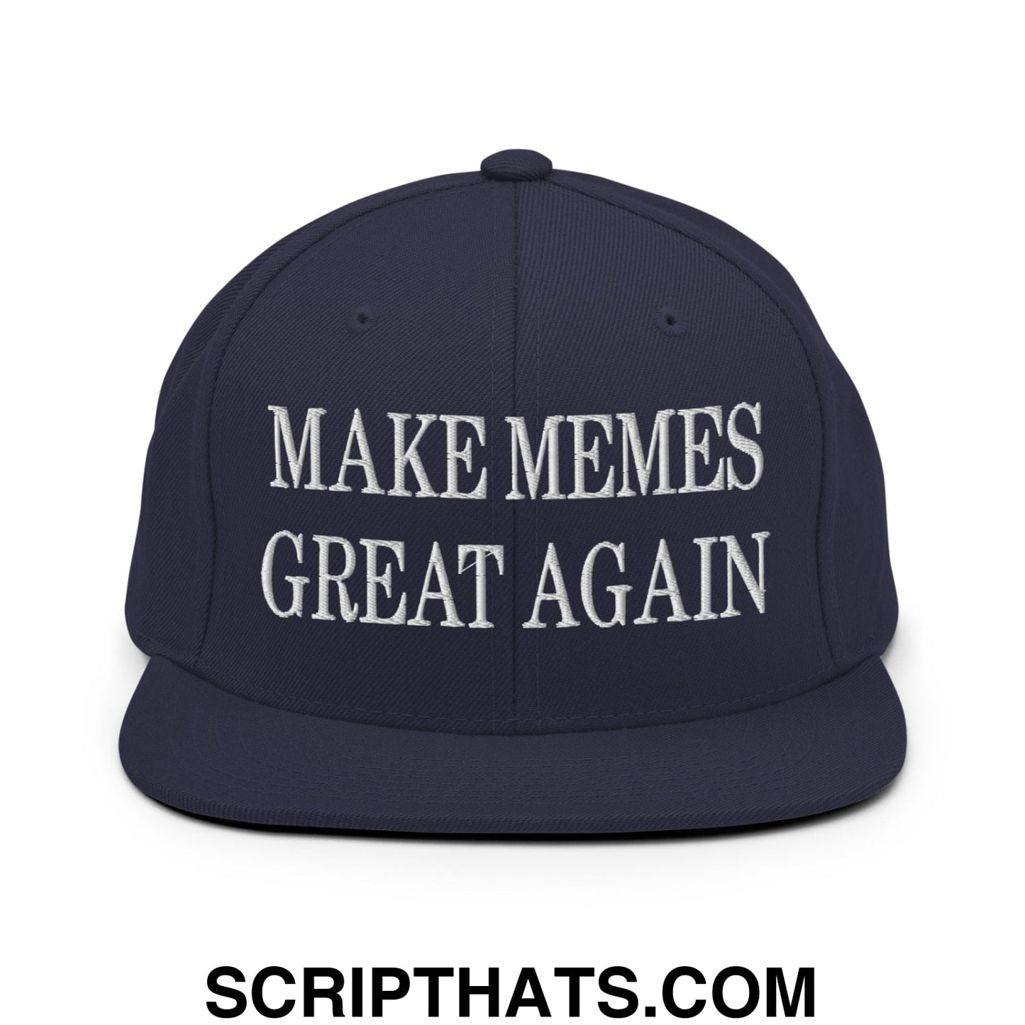 Navy blue embroidered snapback hat with flat bill brim featuring white make memes great again text