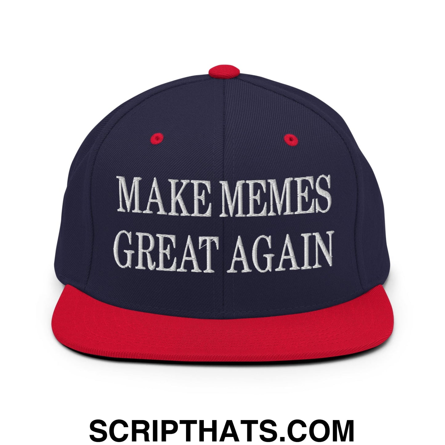 Navy blue and red snapback hat with white embroidered make memes great again text and a flat bill brim