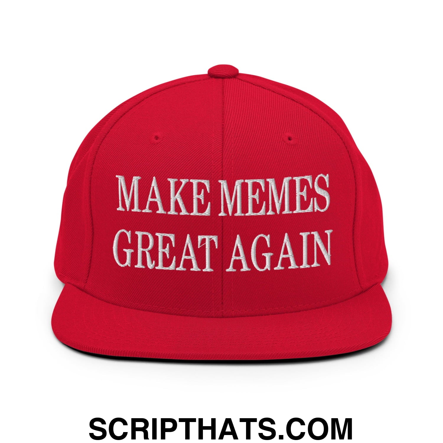 Red snapback cap with white embroidered make memes great again text and flat bill brim for casual wear