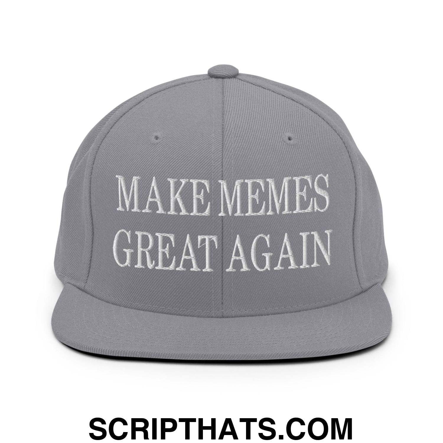 Gray snapback cap with white embroidered text make memes great again and a flat bill brim design