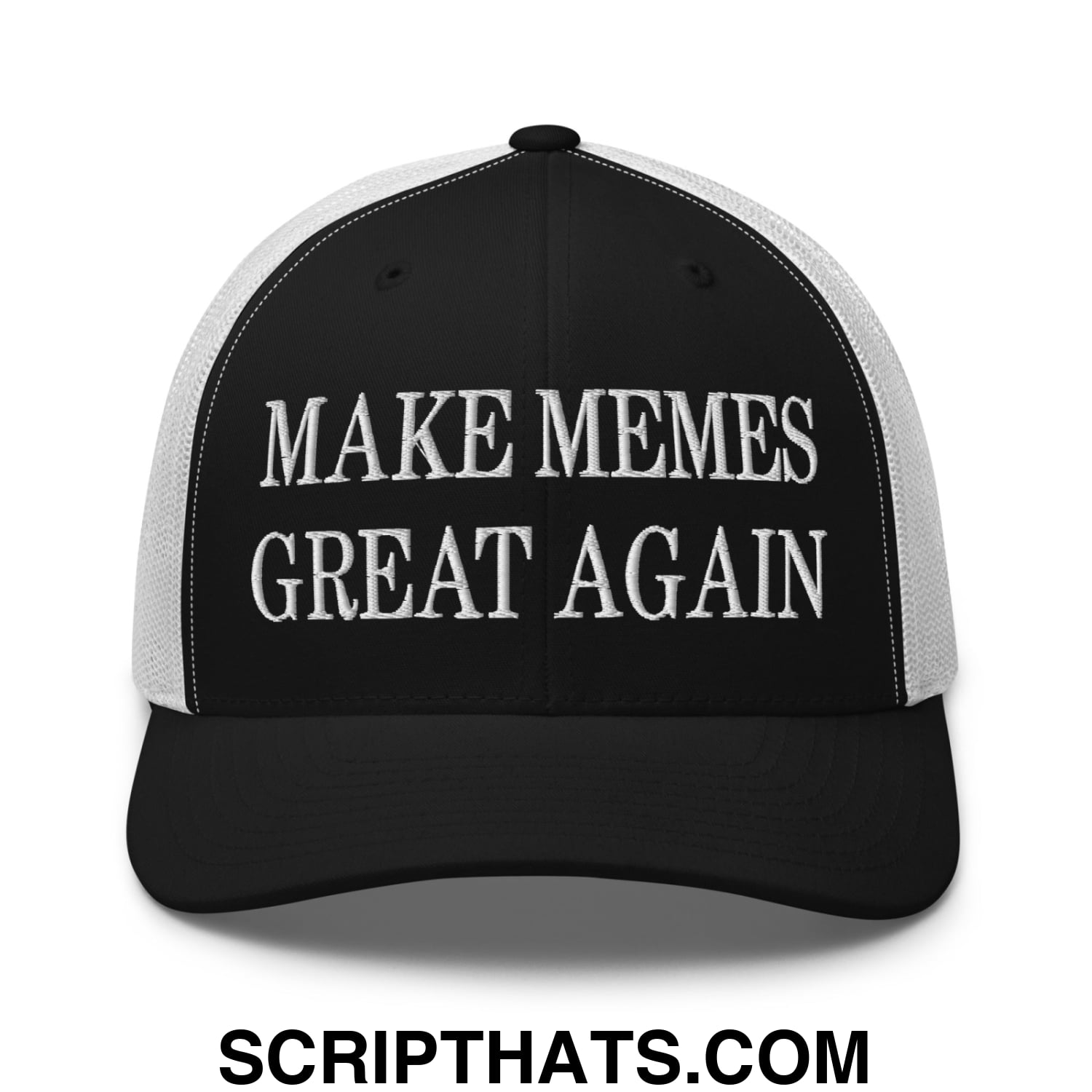 Black and white mesh trucker hat with embroidered make memes great again text in bold uppercase font