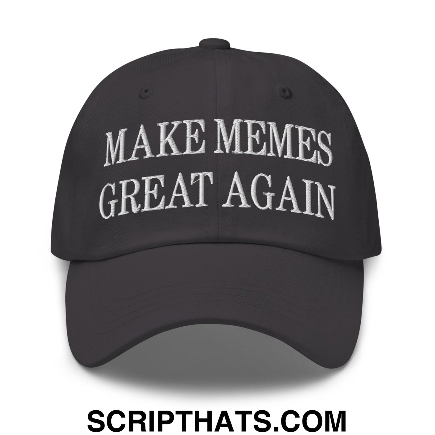 Black embroidered unstructured dad hat with white make memes great again text perfect for casual wear