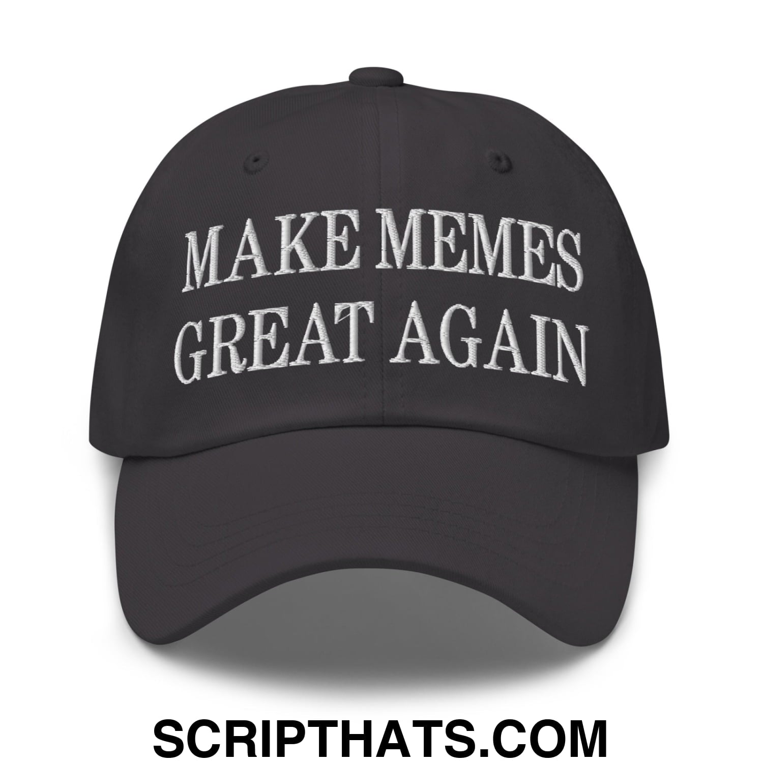 Black embroidered unstructured dad hat with white make memes great again text perfect for casual wear