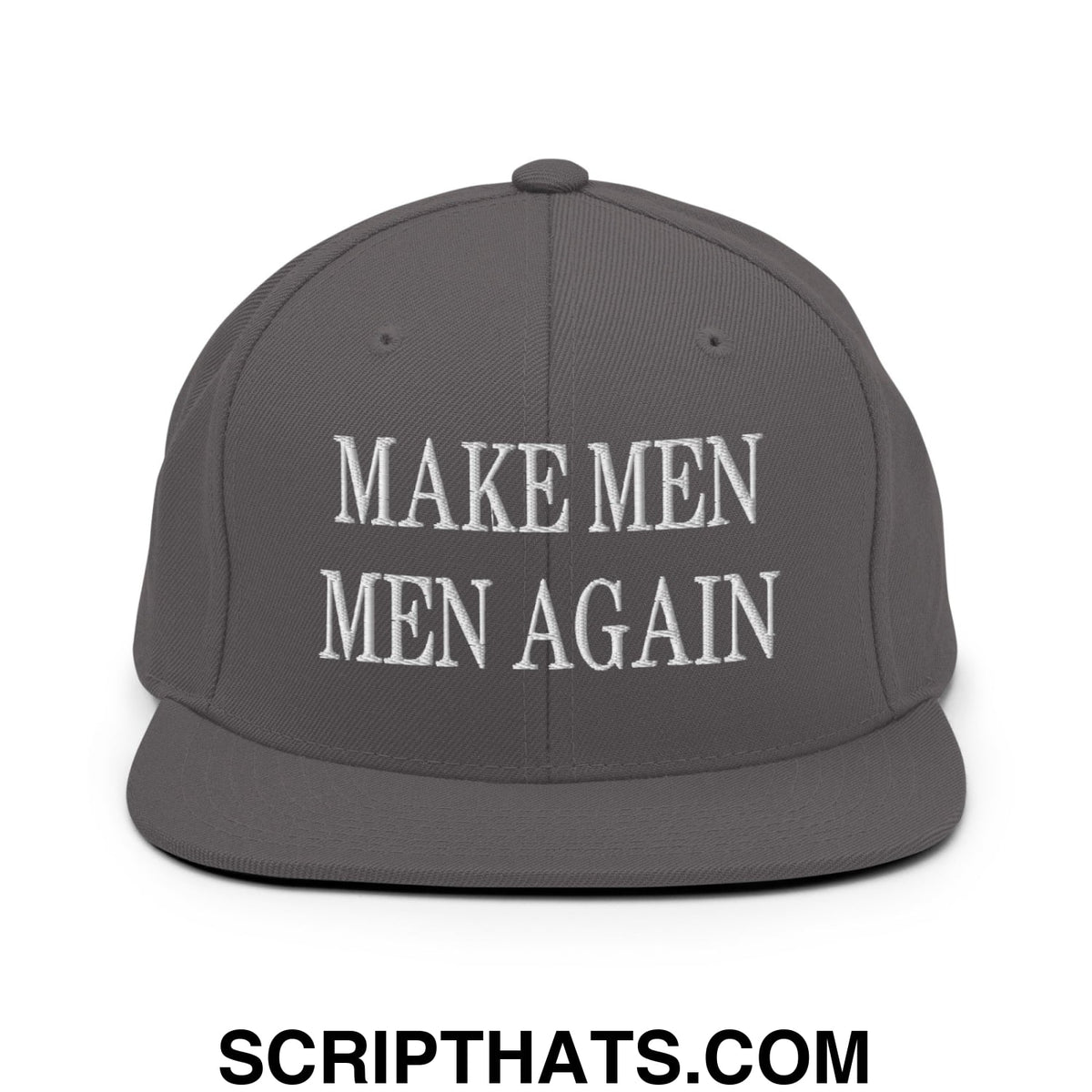 Gray snapback hat with white embroidered make men men again text and flat bill brim for casual wear