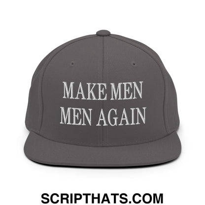 Gray snapback hat with white embroidered make men men again text and flat bill brim for casual wear