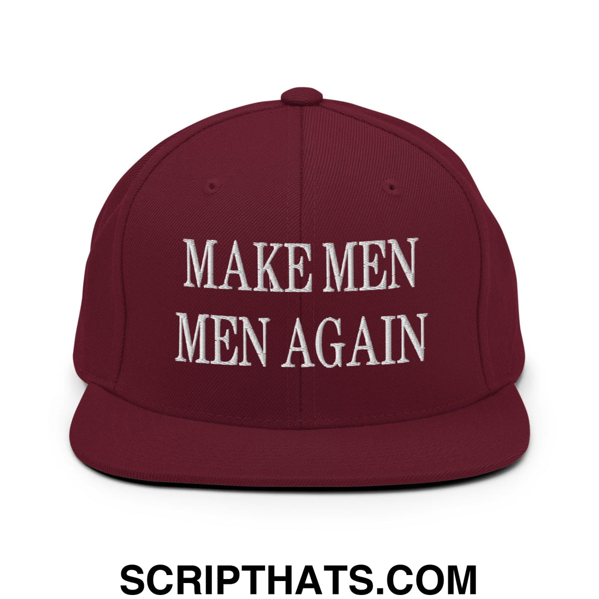 Maroon embroidered flat bill brim snapback hat with white make men men again text for casual wear