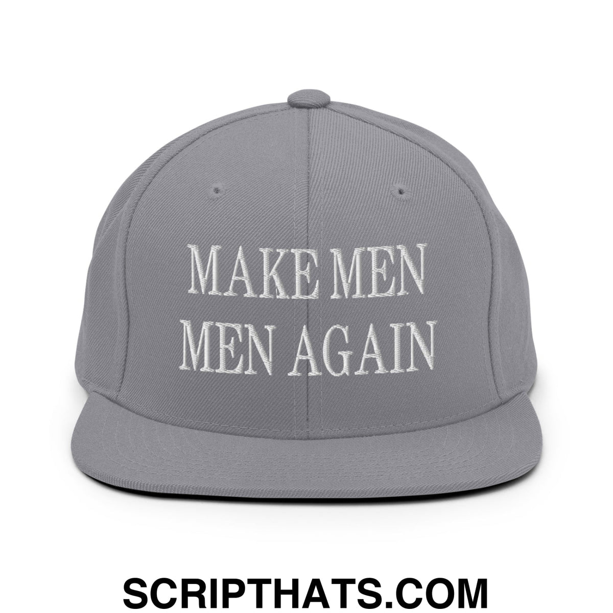 Gray snapback hat with white embroidered make men men again text on flat bill brim for casual wear