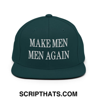 Dark green snapback hat with white embroidered make men men again text and flat bill brim for casual wear