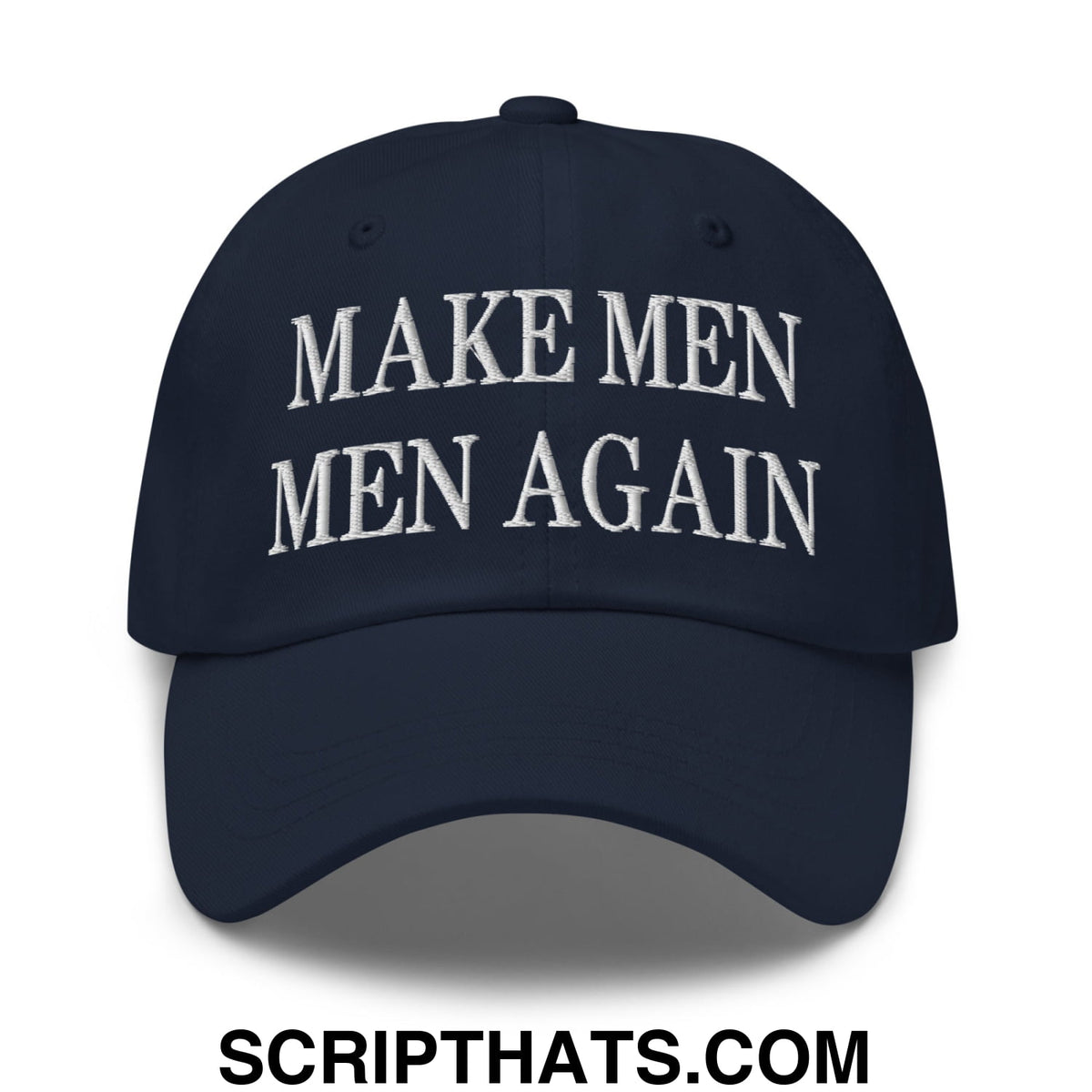 Navy blue embroidered unstructured dad hat with white make men men again text for casual wear