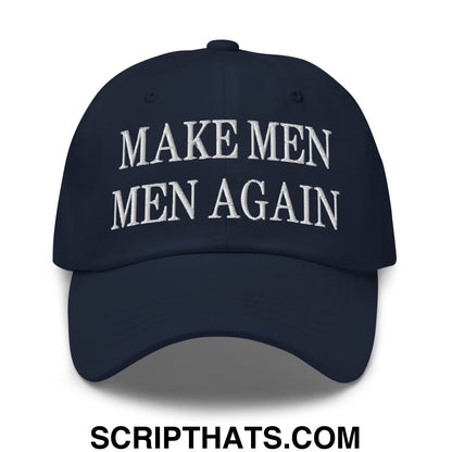 Navy blue embroidered unstructured dad hat with white make men men again text for casual wear