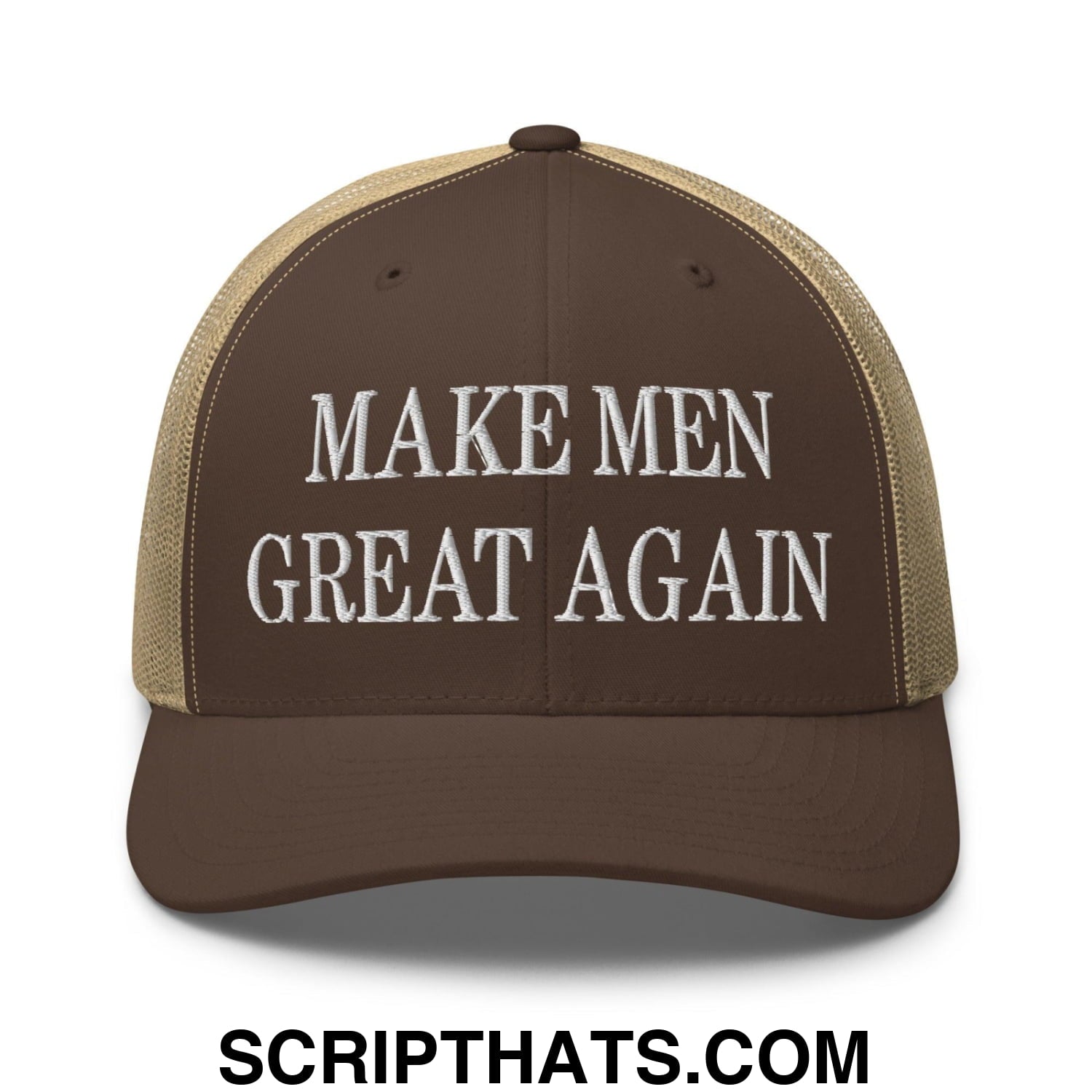 Make Men Great Again Embroidered Mesh Trucker Hat Brown Khaki