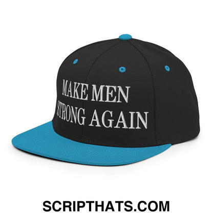 Black snapback cap with teal flat brim and button featuring white embroidered text make men strong again