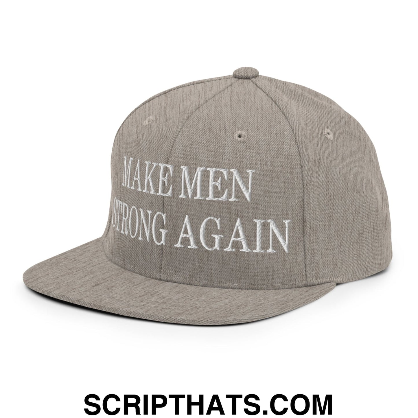 Gray snapback hat with white embroidered make men strong again text and flat bill brim for casual wear