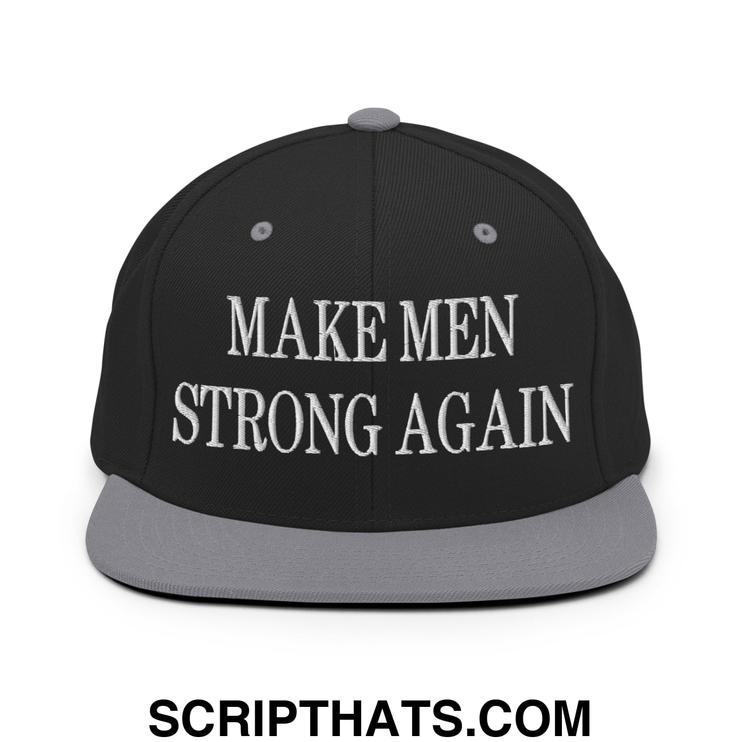 Black snapback hat with gray brim and white embroidered make men strong again text on front panel