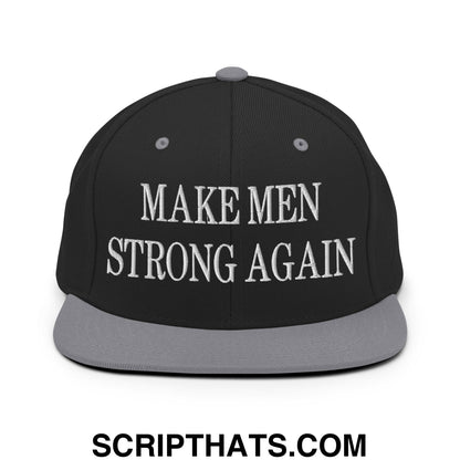 Black snapback hat with gray brim and white embroidered make men strong again text on front panel