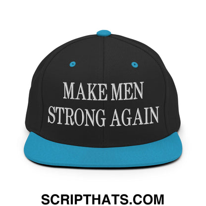 Black snapback cap with teal brim and button featuring white embroidered make men strong again text