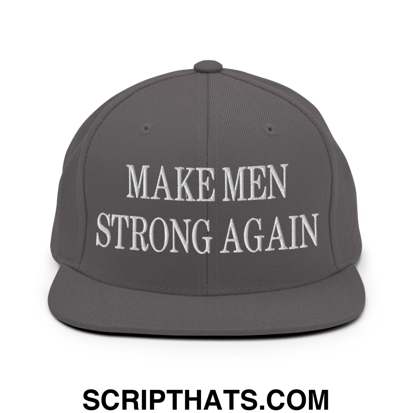 Gray snapback hat with white embroidered make men strong again text and flat bill brim for casual wear