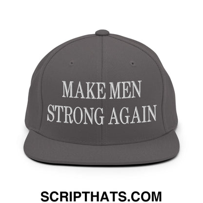 Gray snapback hat with white embroidered make men strong again text and flat bill brim for casual wear