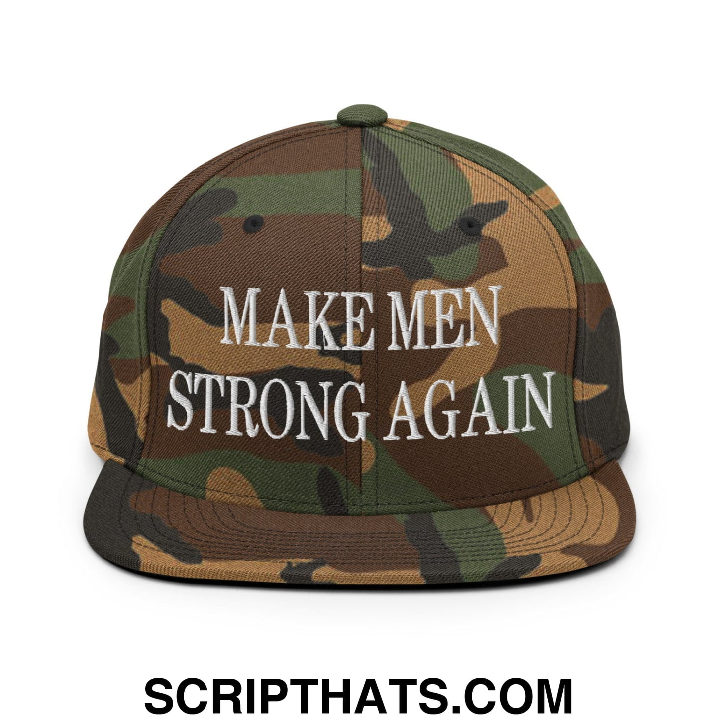 Camouflage snapback cap with white embroidered make men strong again text and flat bill brim design