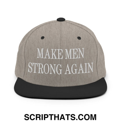 Make men strong again embroidered flat bill snapback hat in gray with black brim and white text front view
