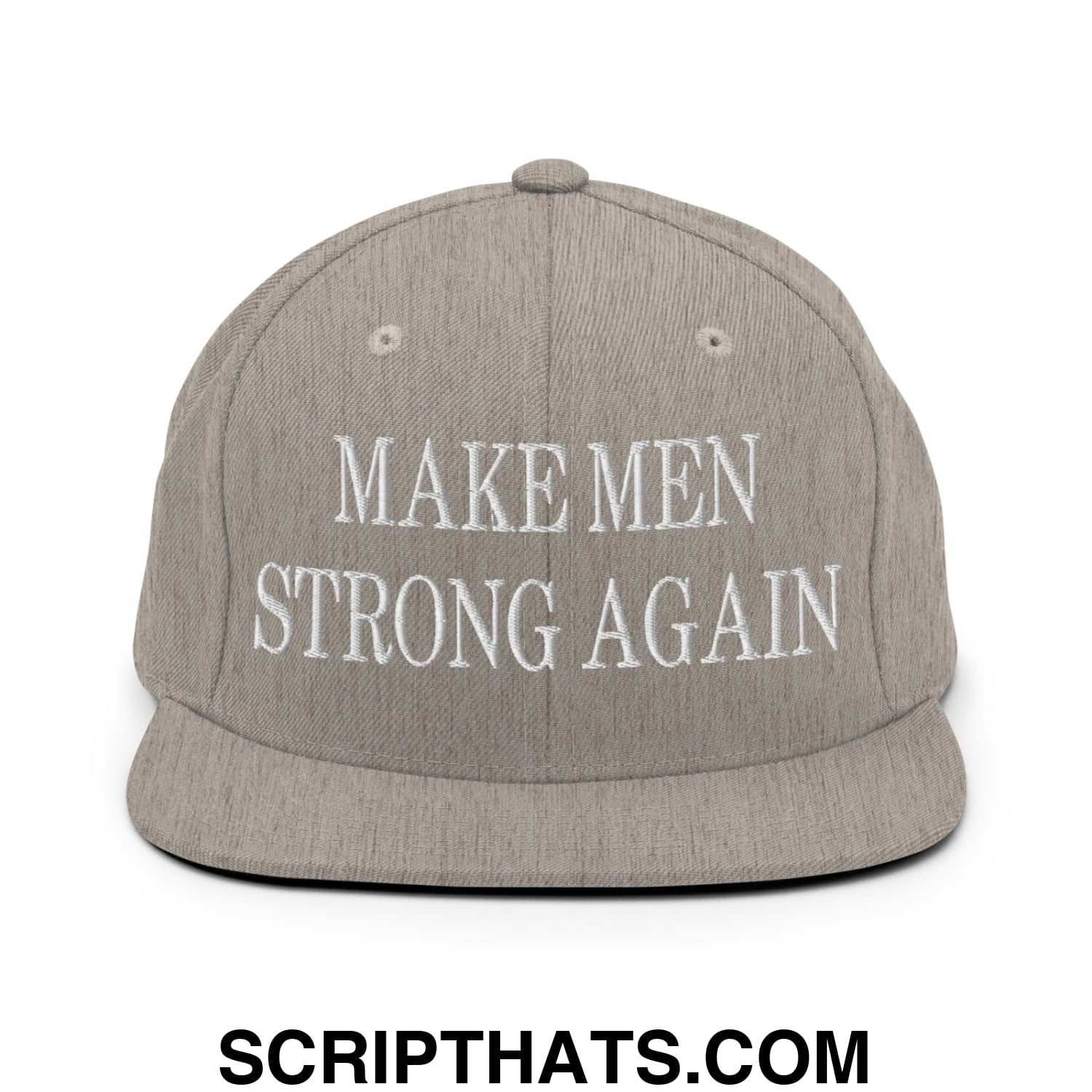 Gray snapback hat with white embroidered text make men strong again featuring a flat bill brim design