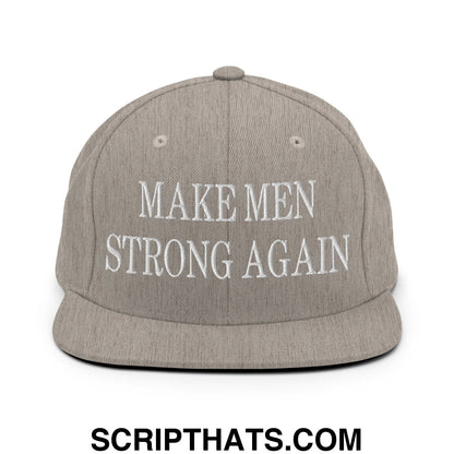 Gray snapback hat with white embroidered text make men strong again featuring a flat bill brim design