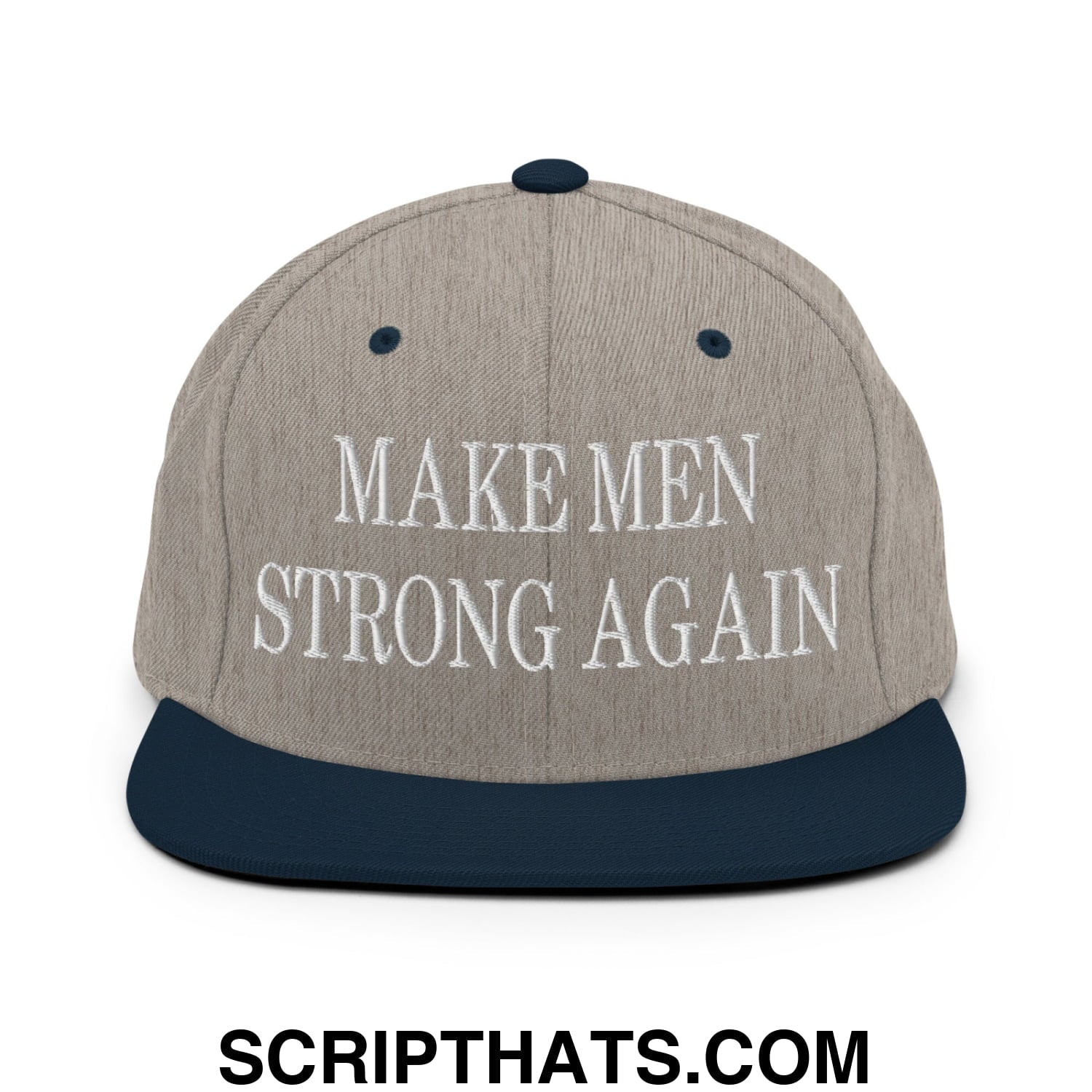 Gray and navy blue snapback hat with white embroidered make men strong again text and flat bill brim design