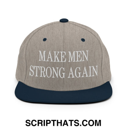 Gray and navy blue snapback hat with white embroidered make men strong again text and flat bill brim design