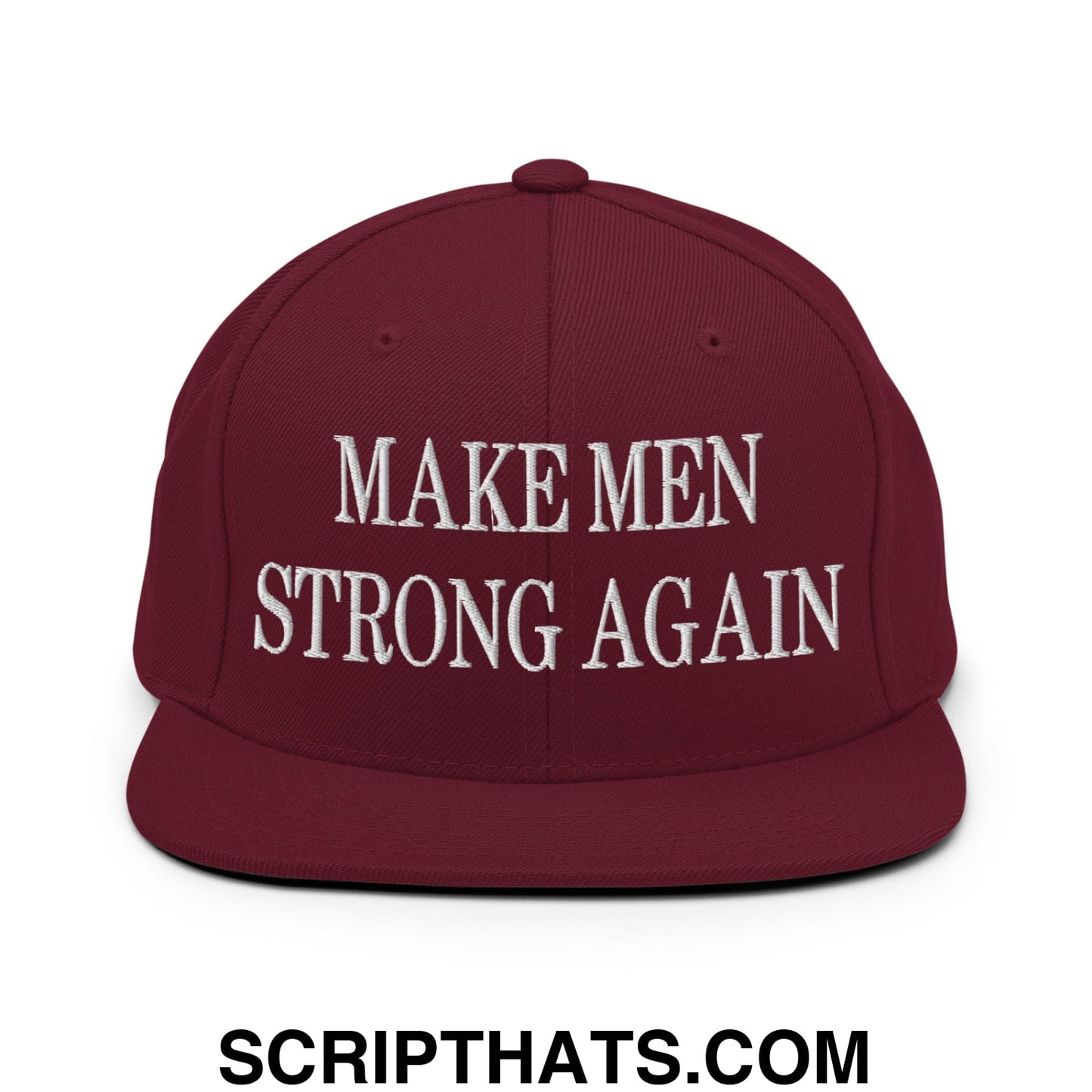 Maroon snapback hat with white embroidered make men strong again text and flat bill brim for casual wear
