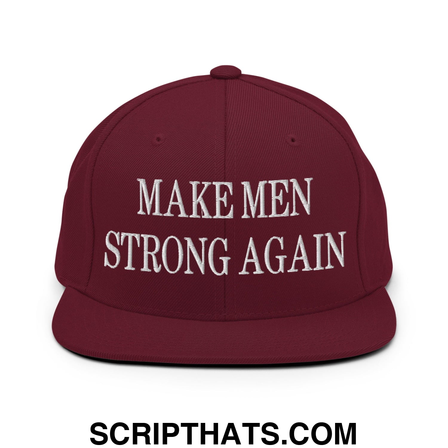 Maroon snapback hat with white embroidered make men strong again text and flat bill brim for casual wear