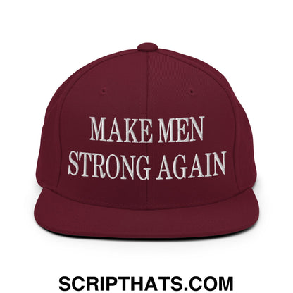 Maroon snapback hat with white embroidered make men strong again text and flat bill brim for casual wear